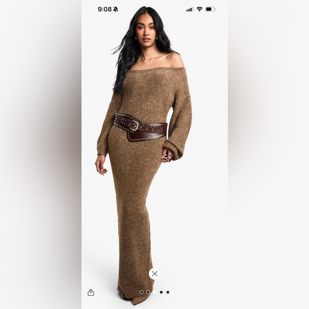 Brown Off-Shoulder Knit Dress